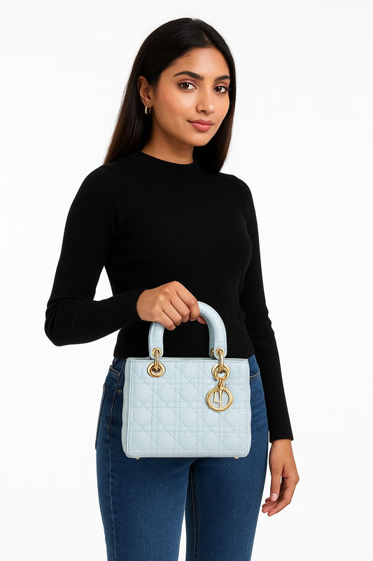 Pristine Grey Patent Lady Dior Mini Bag with Gold Hardware