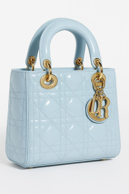 Pristine Grey Patent Lady Dior Mini Bag with Gold Hardware